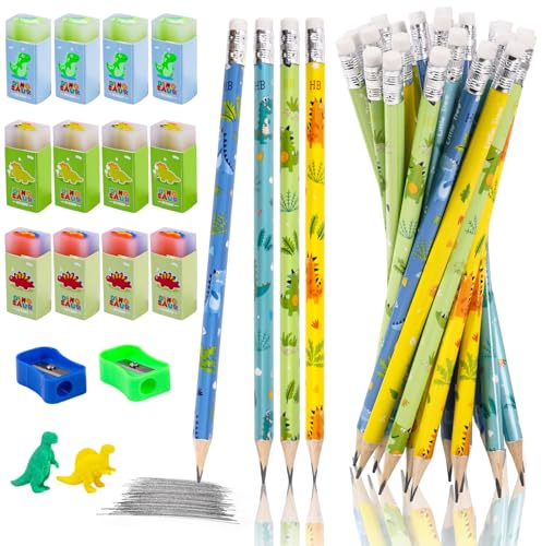 RNHDLY Confezione da 24 matite HB per bambini, 12 gomme a forma di dinosauro e 2 temperini, triangolari con gomma per la scuola, l'ufficio, la scrittura, gli schizzi