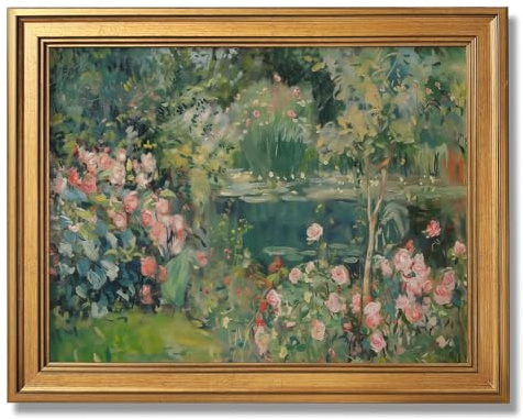 Framed Vintage Garden Pond Oil Painting Abstract Botanical Landscape Wall Art Sage Green Impressionist Nature Canvas Print Traditional Cottagecore Poster Picture Spring Decor for Home Room 12x16inch