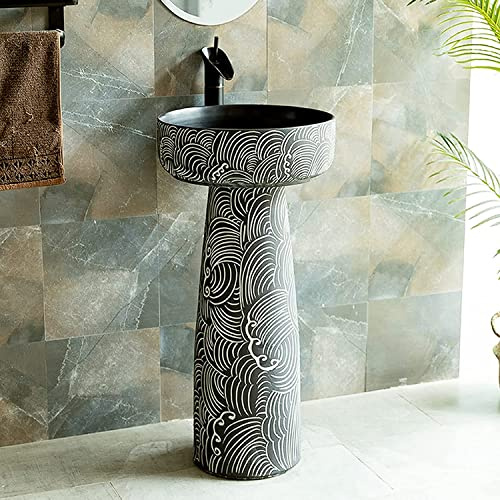 LQAIomn Ceramic Bathroom Sink Outdoor Pedestal Industrial Style, Retro Art Painted Column Basin in Courtyard Balcony, Floor-Standing Home Washbasin with Fauce(Pedestalbasinsink+Faucetcombo)