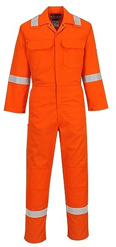 Portwest BIZ5 Bizweld FR Men's Coverall Flame Resistant Welding Overall Safety Gear 100% Cotton Reflective Tape Knee Pad Pockets Molten Metal Splash Protection, Orange Tall, L