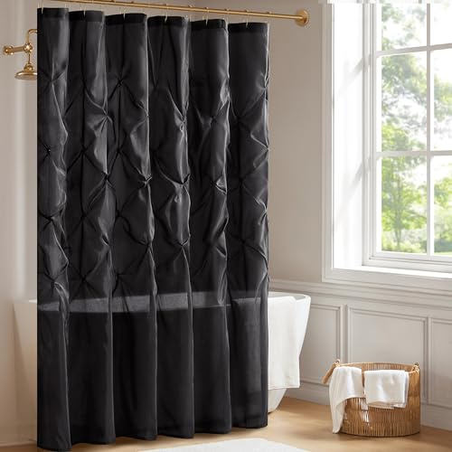 Madison Park Laurel Semi-Sheer Black Shower Curtain – Lightweight Faux Silk Fabric, 72x72 in, Light Filtering, Modern Style Bathroom Curtain Textured Tufting Detail Modern Mid-Century Bathroom Decor