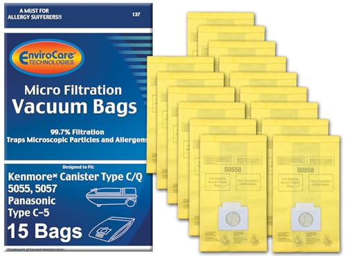 Envirocare Replacement Vacuum Bags Compatible with Kenmore Canister Type C/Q. 5055, 50557 and 50558 Panasonic Type C-5 Vacuums,15 pack