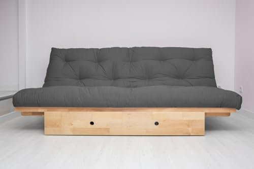 Sofá Cama futon Yokahoma de 200x120x24 cm., de Madera Maciza en Color Natural con cajón Frontal y un futón de algodón 100% Acabado en Color Gris de 140x200x14,5 cm.