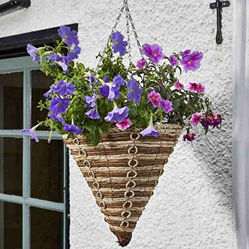 Garden Mile Garden Hanging Flower Basket 14'' Cone Rope Rattan Effect Plant Holder Outdoor Plant Pot Planter with Hanging Chain Wicker Flower Pot Basket Pre-Lined for Easy Planting