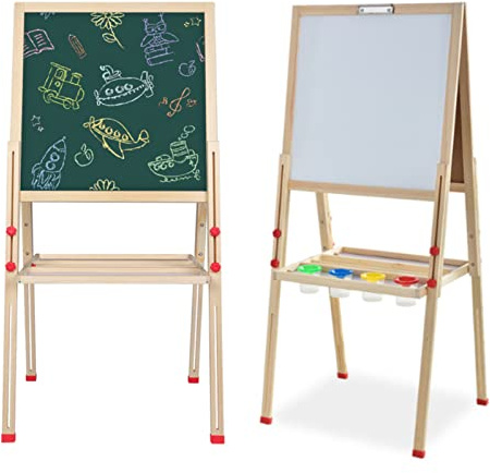Wakects Pizarra multifunción 3 en 1 de madera magnética para niños con caballete, pizarra educativa con accesorios
