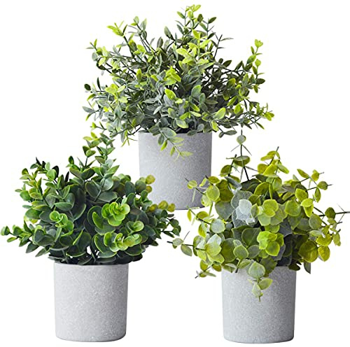 Mr.Bom Mini Potted Artificial Plants Fake Desk Plants Fake Small Eucalyptus Greenery Plastic Faux Plants in Pots Artificial Plants indoor Decoration (set of 3)