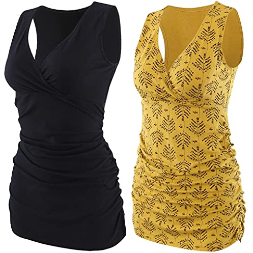 COLOMI maternità Allattamento Canotta Abbigliamento Premaman Top Sleep Reggiseno per L'Allattamento al Seno (Black+Yellow Print/2Pack, S)
