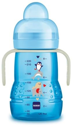 MAM Tasse d'entraînement Night, avec tétine en silicone Skinsoft anti-goutte, facile à attraper, avec poignées qui brillent dans le noir, 4 mois 220 ml, bleu clair