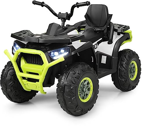 GYMAX Kids Ride on Quad Bike，12V Children Electric ATV w/LED Light，2 Speeds，USB/MP3/TF，Safety Belt & Spring Suspension，Battery Powered Toy Car 3 Years Old + Boys Girls (White+Green)