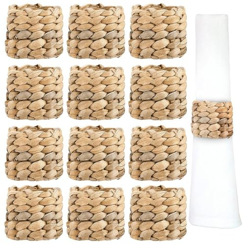 STFMHEZ 12PCS Napkin Rings Set, Natural Water Hyacinth Napkin Ring Holder, Handmade Farmhouse Woven Napkin Rings Napkin Buckle for Christmas Lunch Thanksgiving Party Holiday Wedding Table Decoration