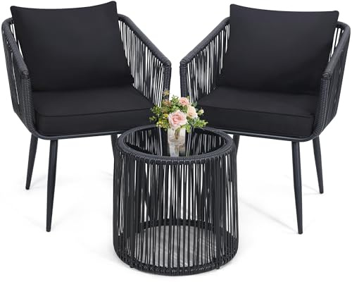 Kromax 3 Pieces Patio Rattan Bistro Conversation Set, Outdoor All-Weather Wicker Furniture Chairs and Side Table Set Ideal for Balcony, Porch and Backyard, Black