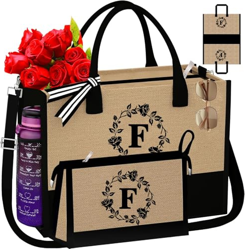 Adoryoung - Sacs fourre-tout en toile personnalisés avec monogramme initial pour femmes, sacs de maquillage en jute à monogramme recto-verso - Cadeaux pour femmes, F, Small