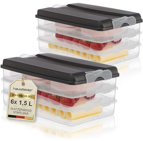 Hausfelder Aufschnittdosen für Kühlschrank, Aufschnittbox stapelbar, Kühlschrank Organizer mit Deckel (Anthrazit, 8-teilig)