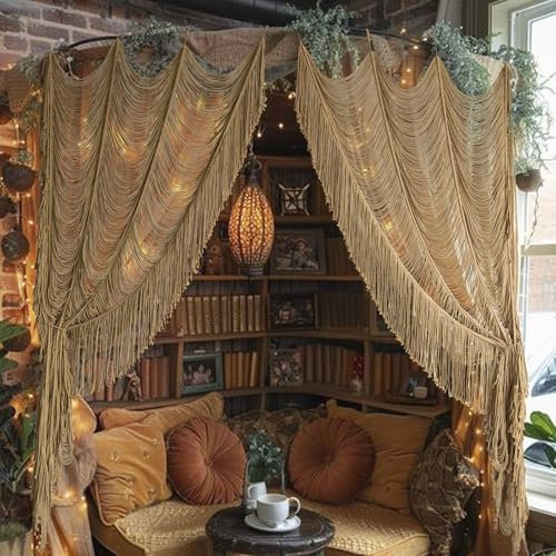 Macrame Curtain Boho Curtain Doorway Window Wall Decor Fiber Yarn Art Handwoven Wall Hanging Art Craftsmanship Home Door Bedroom Wedding Backdrop Arch,Closet Room Divider 59 W x 75 H (1 Panel,Khaki)