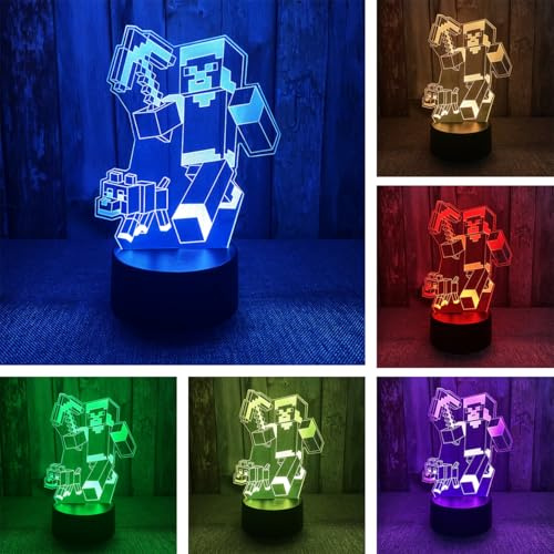 BIRBANN Lampada Minec, Lampada Per Bambini, Lampada Smart Comodino Intelligente A 7 Colori, Gadget Minec Compleanno Bambini, Regalo Di Natale