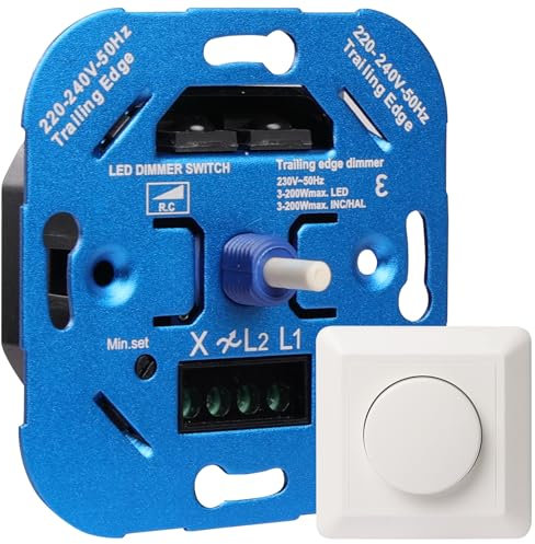 URing Variateur d'intensité LED 230 V – Interrupteur variateur pour LED à intensité variable 3-200 W/halogène 3-200 W, variateur pour lampes LED, interrupteur encastré à intensité variable, variateur
