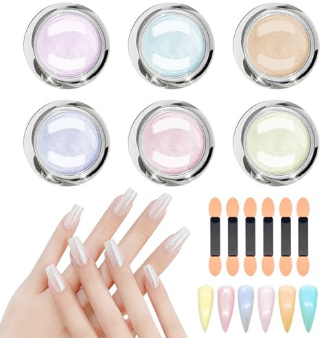 Kit de Polvos Brillantes para Uñas - 6 Colores Nacarados + 6 Pinceles Profesionales Esmaltes en Polvo para Decoración, Manicura en Casa o Salón Ideal para Fiestas, Bodas, Uñas Acrílicas o Gel