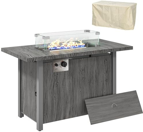Outsunny Propane Gas Fire Pit Table for Garden, 50000 BTU Smokeless Firepit Outdoor Heater with Waterproof Cover, Glass Screen, Glass Beads and Lid, Wood Effect, 109 x 56 x 63cm, Dark Grey