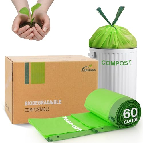 JENCENBIO Bolsas de basura compostables con cordón, 20 litros, con cordón, compostables para una eliminación limpia, certificadas BPI ASTM D6400 y OK compost HOME