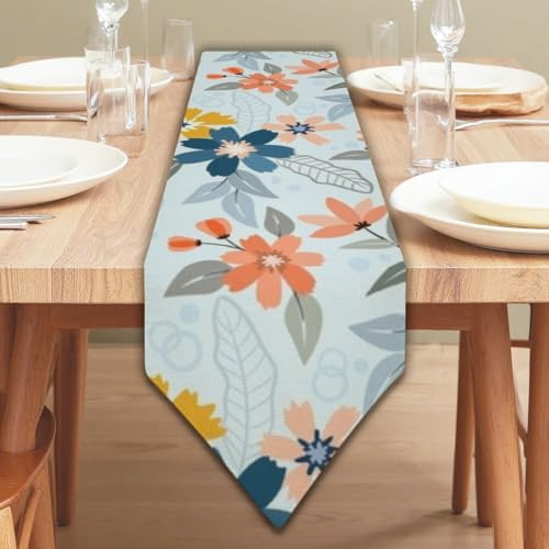 14 × 108 inch Blue Orange Yellow Flowers Gray Leaves Holiday Table Runners Table Turner for Dining Extra Long Runner Spring Decoration Spring Decorations for Office Home Kitchen Dining Holiday Decor