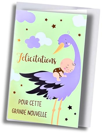 Générique Carte de Félicitations Naissance avec Cigogne et Bébé, Design Coloré, Thème Grande Nouvelle