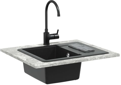 Handfat svart 560 x 460 mm tillverkad av 80 % kvarts och 20 % harts, granitdiskbänk med avlopp och vattenlås, inbyggd diskbänk för kök, reptålig, värmebeständig, med dräneringsyta, rektangulär