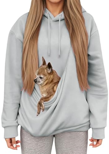 Sweat à Capuche Femme avec Grande Poche Kangourou Fonctionnelle,Pull de Transport pour Chat et Chien,Sweatshirts pour Amoureux des Animaux domestiques (Light Gray, S)