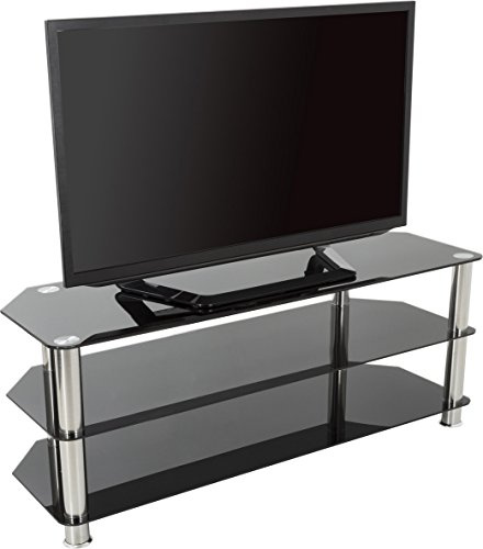 AVF Corner Glass TV Stand - 125cm Wide, Silver Chrome Metal Legs, Gloss Black Safety Shelves, Open Storage for Up to 60 TVs - SDC1250