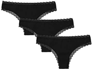 Snocks Tanga Damen mit Spitze aus Bio-Baumwolle 3er Pack - String Damen Klassisches Design - Angenehmes Tragegefühl ohne Einschneiden - Unsichtbare Unterwäsche - Schwarz - L