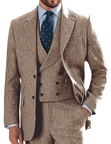 Khaki Men's 3 Piece Herringbone Tweed Suit Double Breasted Mens Tweed Suits Peak Lapel Prom Tuxedos for Wedding Dinner Party Size L
