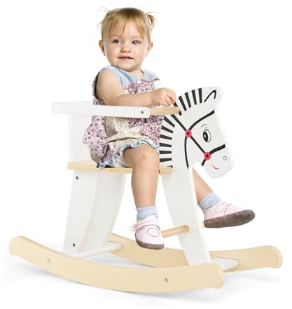 DREAMADE Cheval à Bascule en Bois avec Garde-Corps Amovibles, Jouet à Bascule avec Siège Confortable, Motifs Mignons, Charge Max. 40KG, Idéal pour des Enfants de 3+ Ans, Blanc