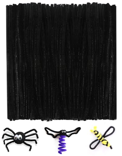 KINGLAKE Black Pipe Cleaners for Craft, 200pcs 30cm x 6mm Long Halloween Craft Pipe Cleaners Chenille Stems for DIY Crafting Halloween Xmas Tree Decorations