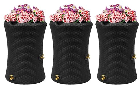 Good Ideas Impressions 50 Gallon Nantucket Outdoor Home Rain Barrel Water Storage Collector with Garden Planter and Brass Spigot, Black (3 Pack)