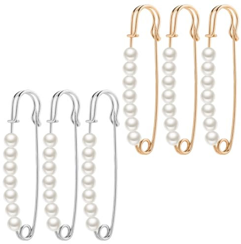 6 Stück Sicherheitsnadel Perlen-Broschennadeln Faux Perlen Sicherheitsnadeln Taillenspanner Perlenbroschen Set Dekorative Nadeln Brosche für Damenkleidung Anzughosen Röcke Hosen