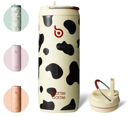 BOTTLE BOTTLE Stainless Steel Drinking Bottle with Straw, 500 ml, Leak-Proof Sports Water Bottle, Ideal for School, Office, Hiking and Excursions, BPA-Free (Cow)