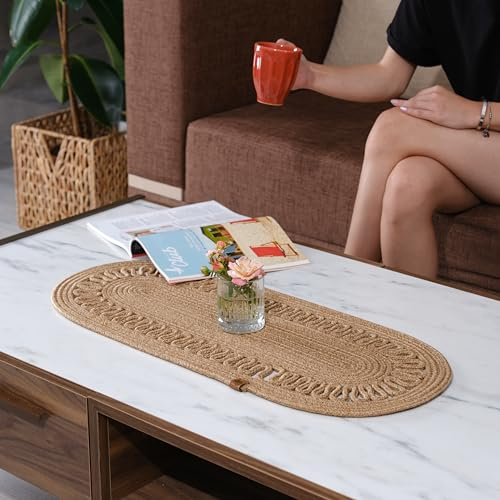 Oval Jute Table Runner, Woven Braided Dining Runner, Natural Textured Rattan Table Runner for Dining Table, Coffee Table or Patio, 30 x 60 cm (Standard)