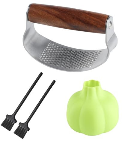 Spremiaglio in acciaio inox a bilanciere con manico in legno, pressa per aglio Garlic Crusher presser, tagliaaglio, aiuto per la cucina, con pelapatate in silicone + 2 spazzole per la pulizia