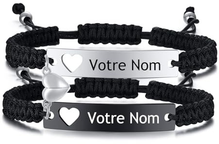 VNOX Bracelets Couple Magnétiques Personnalisés – Gravure Prénom ou Message – Bracelets Partenaire en Cordon Tressé, Cadeau Saint Valentin pour Lui et Elle