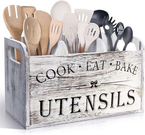 Küchenutensilienhalter mit 3 Fächern, Holz-Aufbewahrung, Utensilien-Organizer für Küchenarbeitsplatte, Bauernhaus-Küchendekoration, rustikales Kochutensilien-Küchenwerkzeug