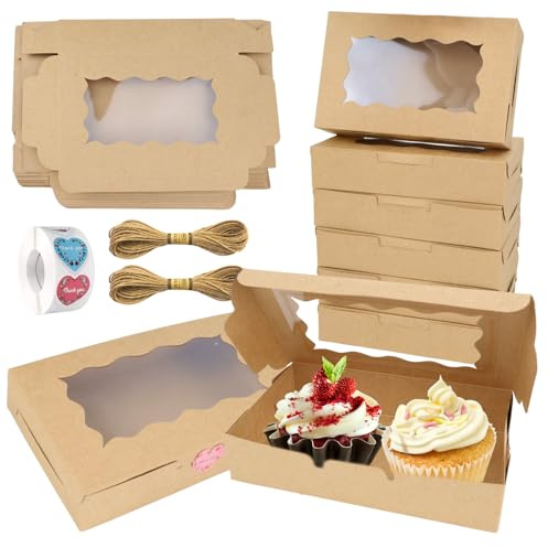 GIAK Cupcake Box Kraftpapier Karton Mit Sichtfenster Cupcake Boxen 20 Stk Mit Aufkleber Donut Box für Keksschachtel Mehlspeisenkarton Dessert Cupcakes Kraftpapier (B)