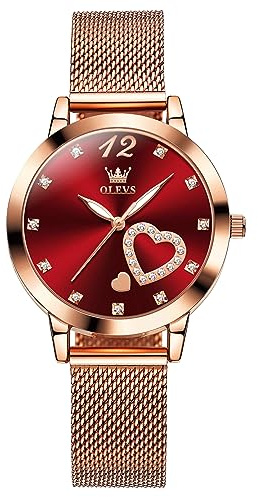 OLEVS Rotes Ultradünne Damenuhren Modish Lässige Rotgold Edelstahl Mesh Armbanduhr Damen Analoger Quarz Wasserdicht Leuchtend Rund Wählscheibe mit Herz Diamante Luxus Kleid Uhr für Frauen