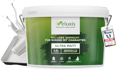 Veluxis® Peinture murale blanche de haute qualité pour intérieur – 2,5 litres & classe de pouvoir couvrant 1, sans traces, peu de gouttes & peinture écologique, sans COV
