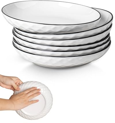 Yeacccng White Pasta Bowls Set of 6, 24oz Ceramic Salad Bowls, 8 inch Shallow Serving Bowls for Pasta, Salad, Oatmeal, Fruit, Easy to Clean, Dishwasher & Microwave Safe, Scratch-Resistant, Lead-Free