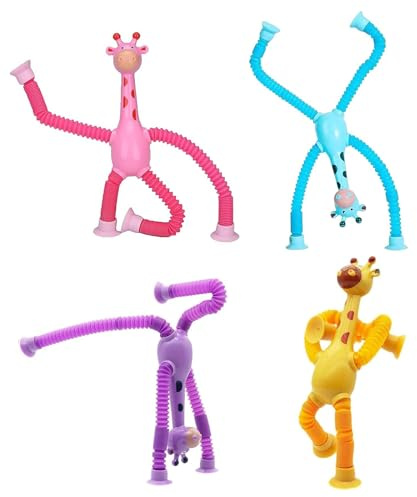 SSHUIKKAI 4 Stück Saugnapf Spielzeug Baby, Teleskop Saugnapf Giraffe Spielzeug, Telescopic Suction Cup Giraffe Toy, für Kinder Erwachsene(Blau/Rosa/Lila/Gelb Je 1)