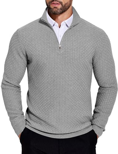 COOFANDY Pull Homme Col Demi-Zip Hiver Chaud en Maille Tricotée Haut à Manches Longues et Col Montant Style Casual ou Travail Texturé Hellgrau M