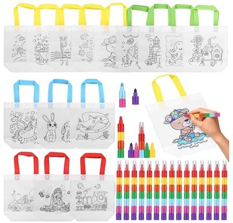 ErShiPing 18 Pcs Bolsas para Colorear, Bolsas de Tela para Pintar, Bolsa de Graffiti con 15 Pcs Ceras de Colores para Apilables (7 Colores en 1) para Manualidades Fiesta de Cumpleaños