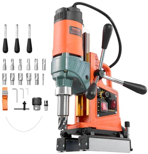 VEVOR Trapano a Colonna Magnetico Elettrico 1400 W, Diametro di Foratura 50 mm, Velocità 0-850 giri/min, Direzione Reversibile, Trapano a Colonna Magnetico con 11 Punte a Corona