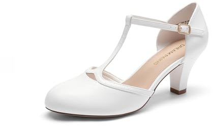 DREAM PAIRS Women's T-Strap Low Block Heels Pumps,White,8
