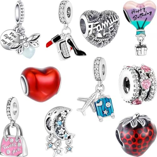 WINRARO 10 Pack Silver Bead Charms Compatible con Pandora Charms Pulsera Collar, los colgantes colgantes con CZ son el regalo de joyería perfecto para las mujeres, ideal para Navidad, cumpleaños.