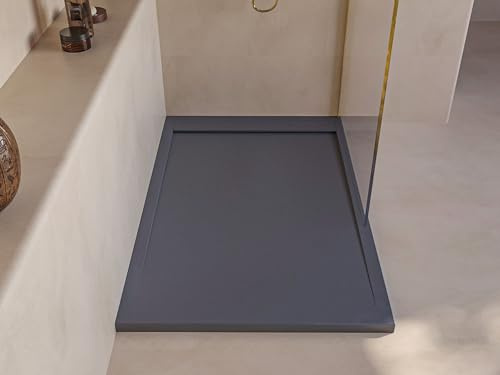 SOULBATH Plato de Ducha - Resina - Gel Coat - Textura Liso/Piedra - Antideslizante - Color Pizarra - 180X70- Extraplano 3cm. Incluye Válvula de desagüe - Diseño Minimalista